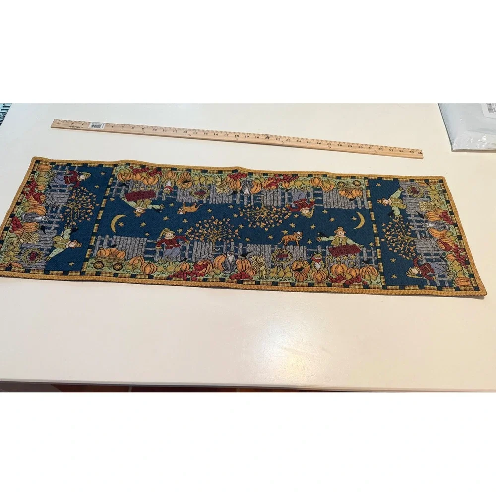 Vintage Fall Harvest Tapestry Table Runner Scarecrow Pumpkin Navy Blue 38 Inch